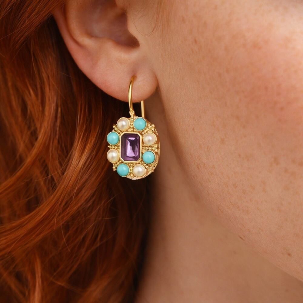 Museum Amethyst Earrings Gold Pearl Flower Turquoise Court Boho Statement VTG CZ - Picture 3 of 7